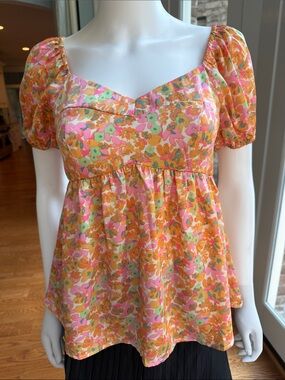 mittoshop Floral Puff-Sleeve Babydoll Top in Orange, Pink & Green